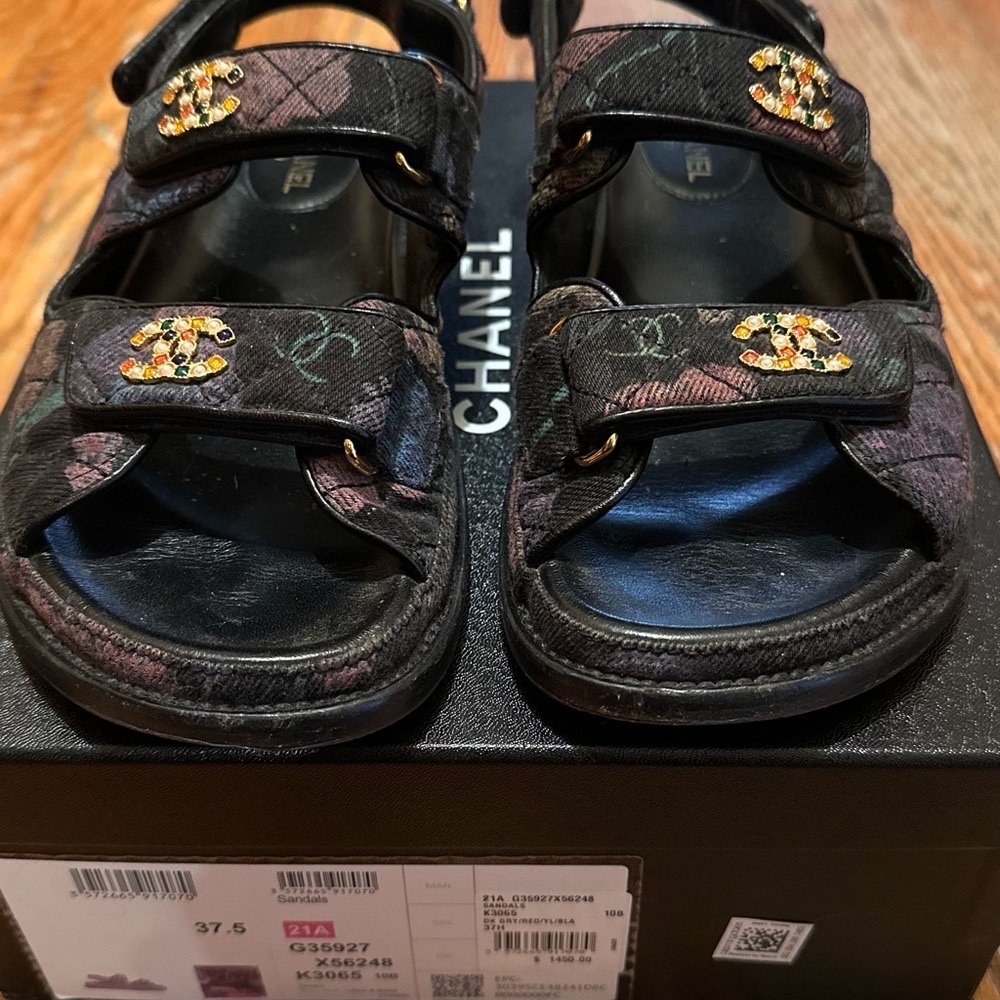 Chanel Black and Gold Sandals with Double Strap Design